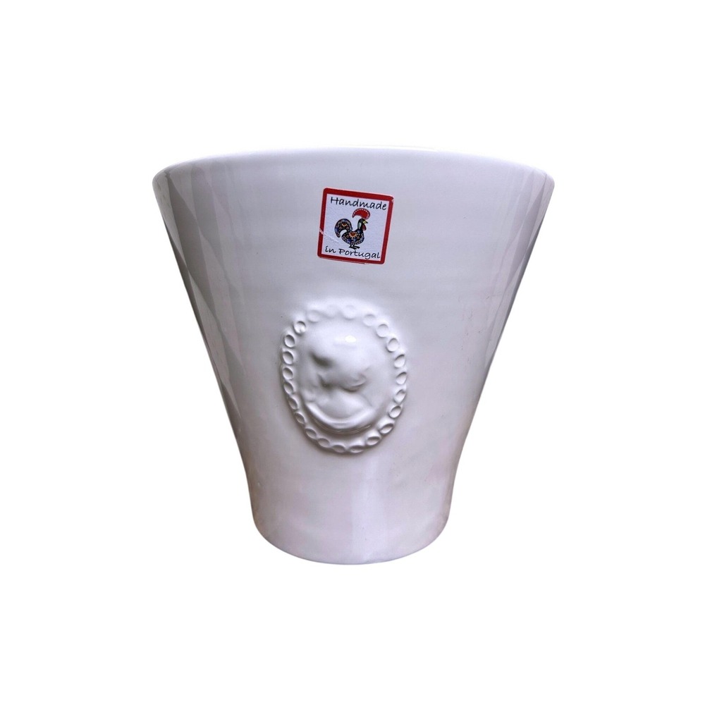 White Ceramic Ice Bucket Vase Portugal Planter Classical Female Relief Pottery
